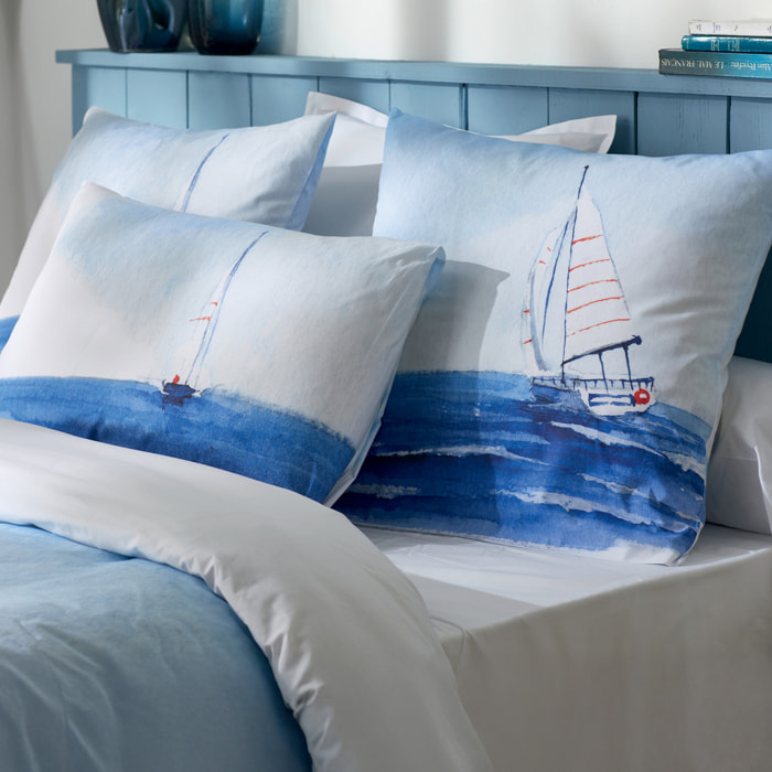 Parure de lit 2 pièces percale de coton voilier marin housse + taie - Bleu