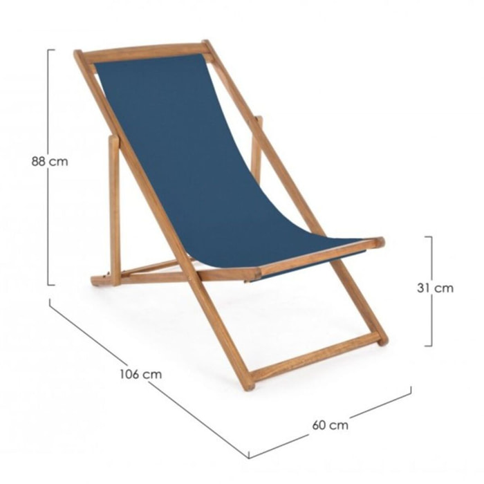Set di 4 sdraio NOEMI in legno di acacia e tessuto blu, reclinabili