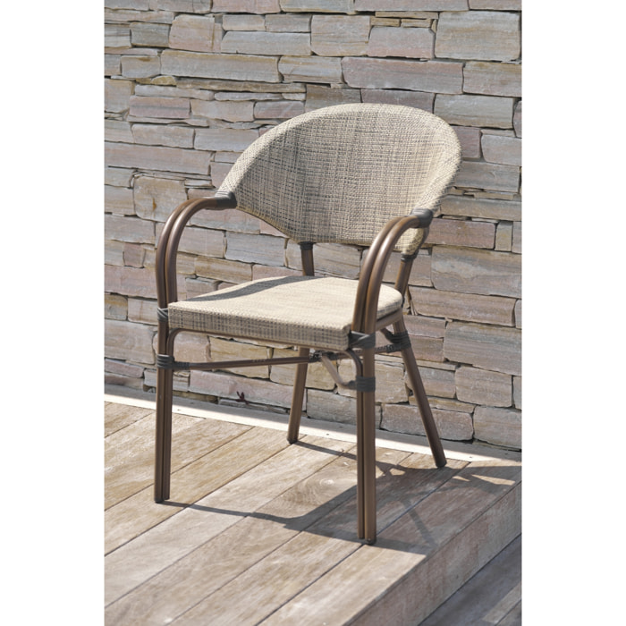 USHUAIA  - Fauteuil de jardin empilable en aluminium marron et textilène beige