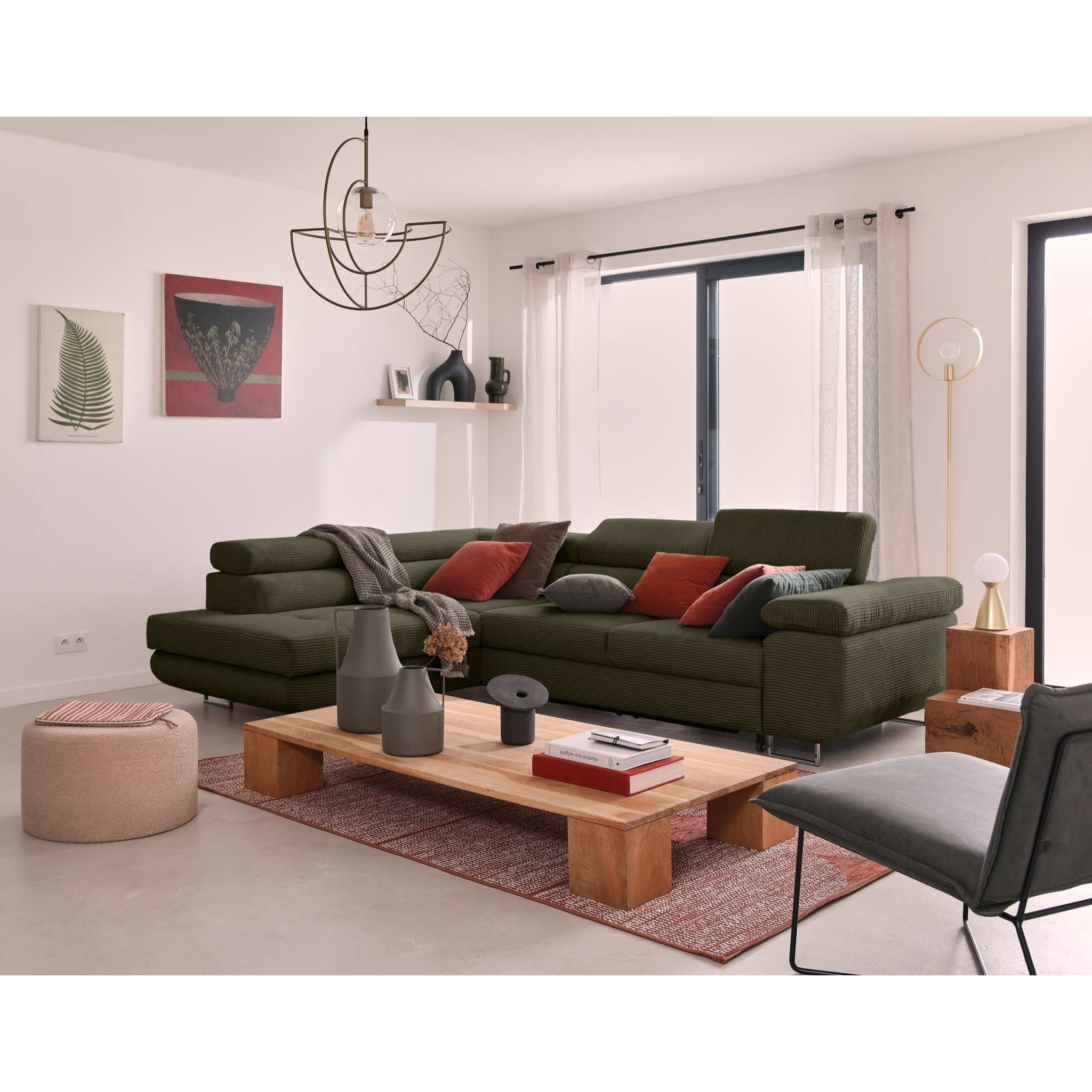 Zaria - canapé d'angle gauche - convertible avec coffre et têtières réglables - 5 places - en velours côtelé - Vert