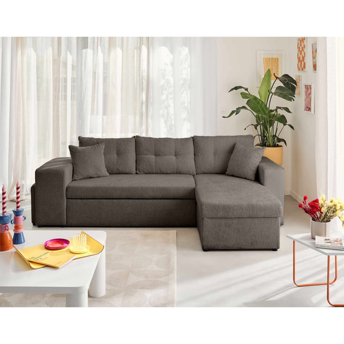 California - canapé d'angle réversible 4 places - convertible avec coffre, étagère et poufs - en velours texturé - Gris