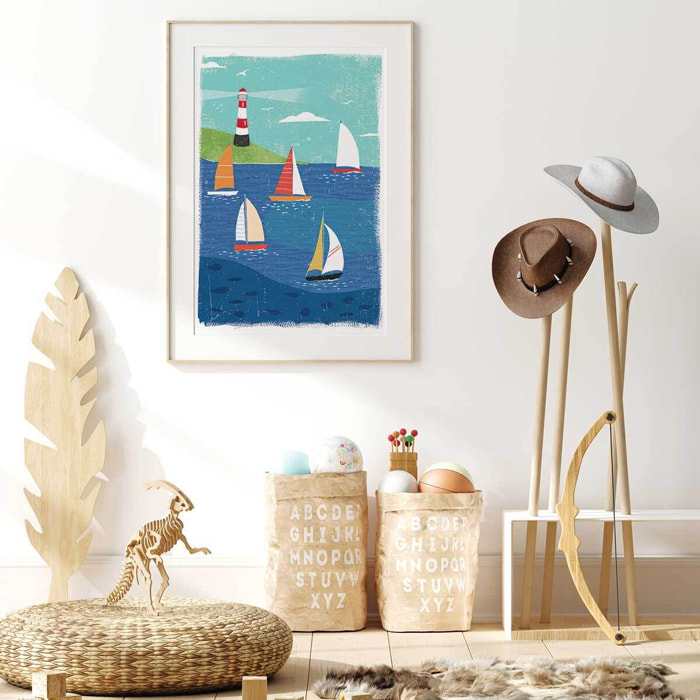 Affiche enfant baie en bretagne  Affiche + cadre en bois - Chêne