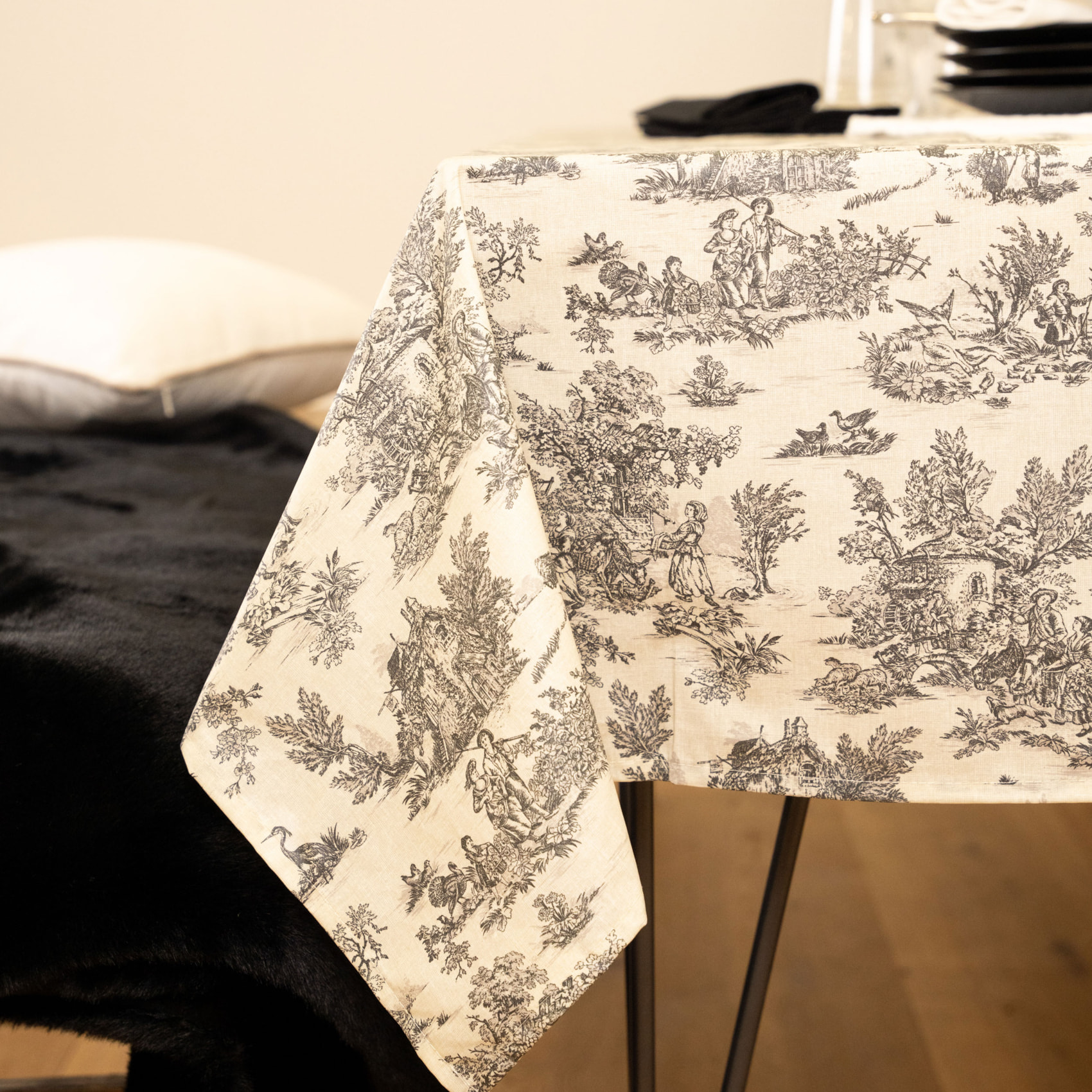 Nappe toile de Jouy rectangulaire plastifiée - Gris Foncé