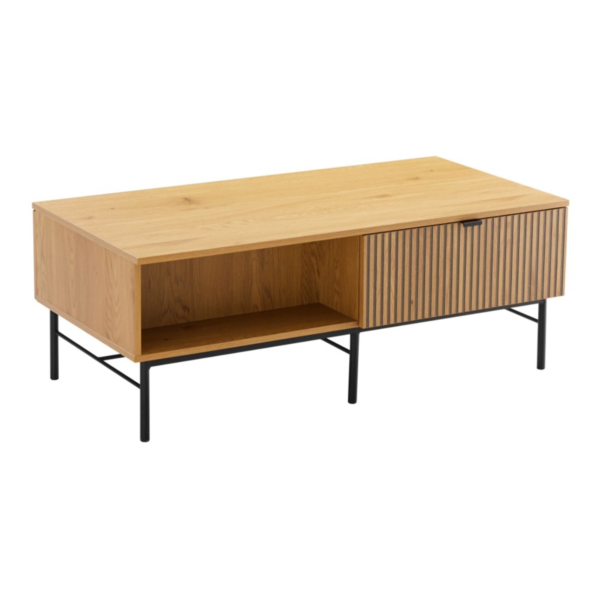 SCOTT - Table basse 2 tiroirs décor effet bois rainuré noir/naturel