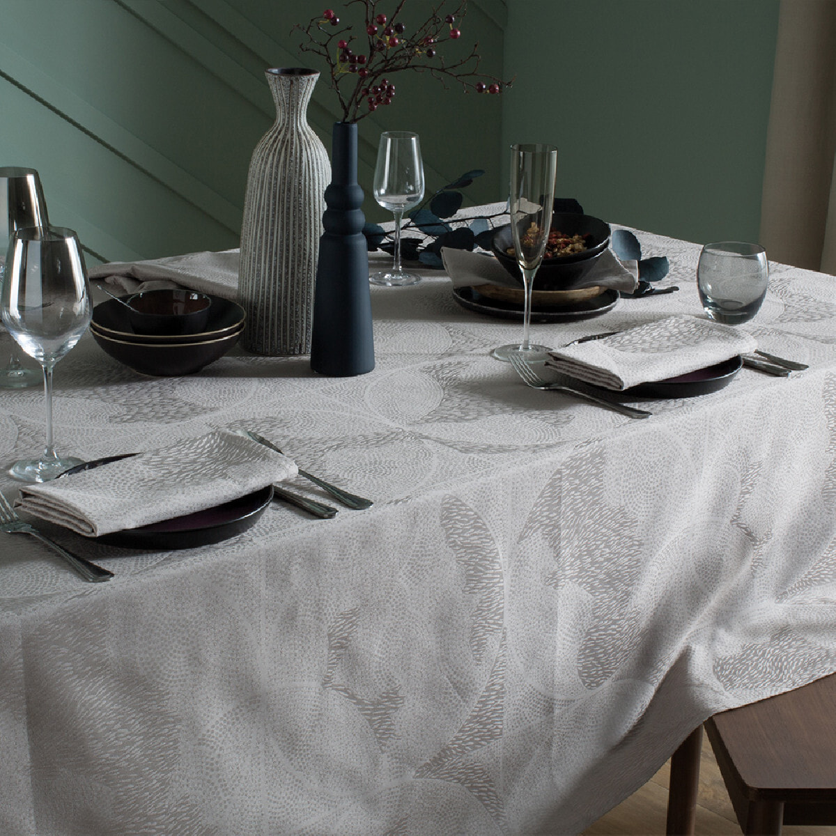 Nappe pur coton motif jacquard beige Mille gouttes nacre
