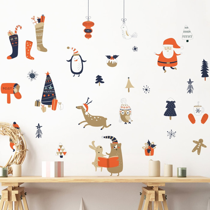 Stickers Noël père noël et ses animaux - Autocollants stickers adhésifs noël - décoration fêtes