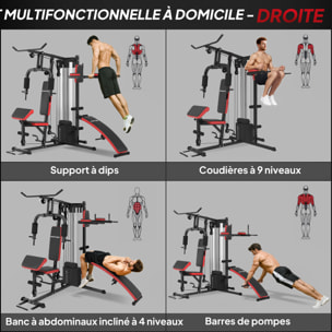 Station de musculation - banc, développé couché, butterfly, barre latissimus et traction, curler, bande résistance, 10 contrepoids - rouge