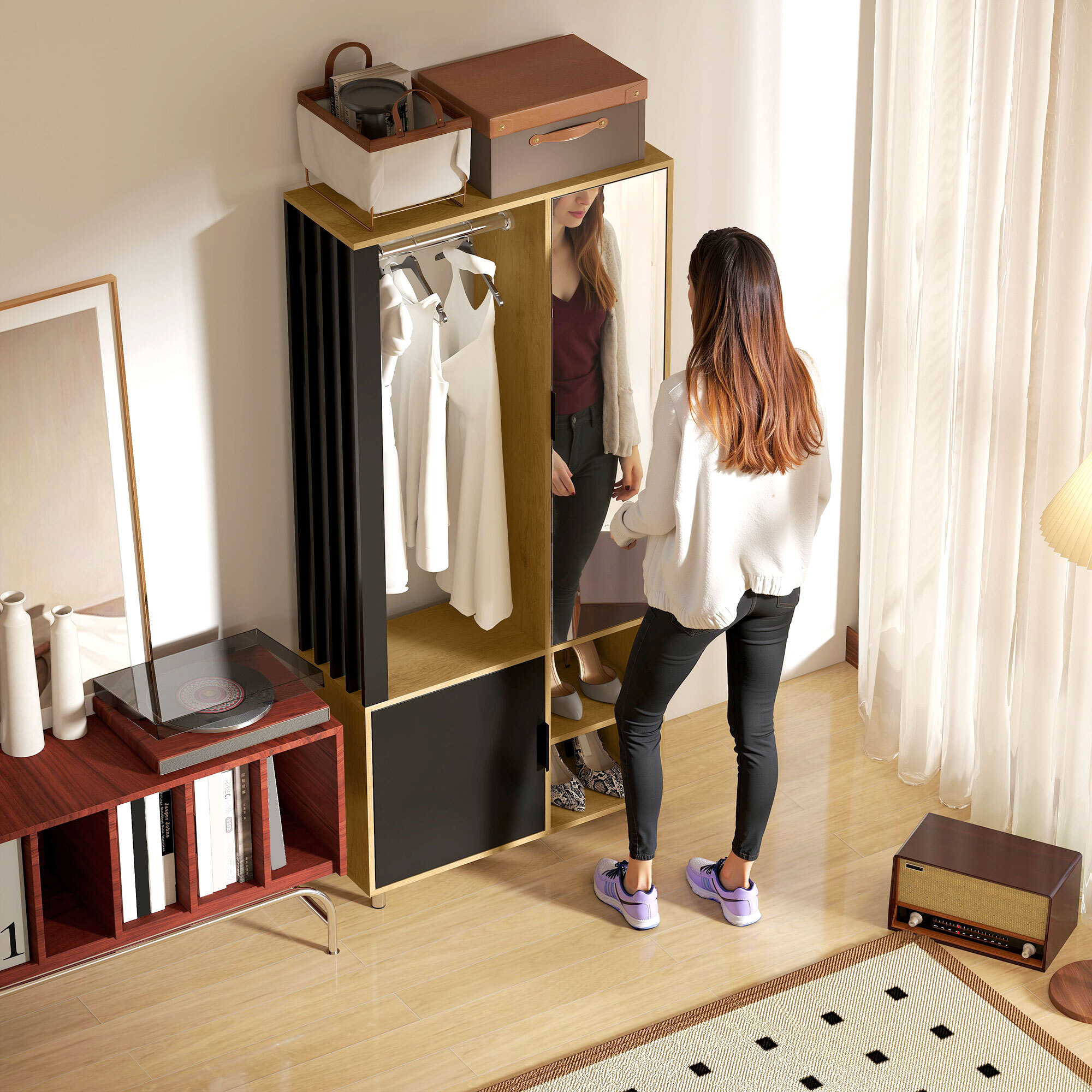 Armoire de chambre penderie dressing miroir design 2 portes, 4 étagères, 2 niches, tringle
