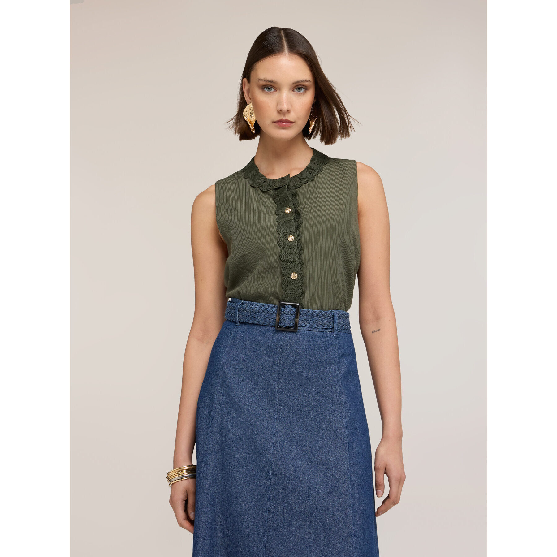 Motivi - Top misto lyocell con bordi in maglia - Verde militare