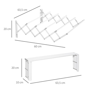 HOMCOM Tendedero de Pared Extensible de 63,5 cm Tendedero de Ropa de Metal con 5 Barras para Interior y Exterior Baño Balcón Carga 10 kg 63,5x60x20 cm Blanco