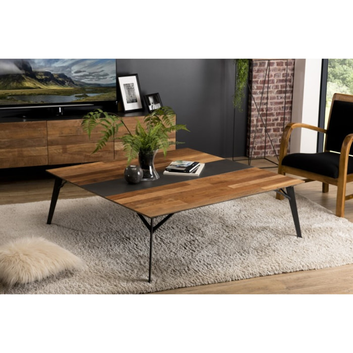 MAXENCE - Table basse carrée 120x120cm bois Teck recyclé métal et pieds métal noir