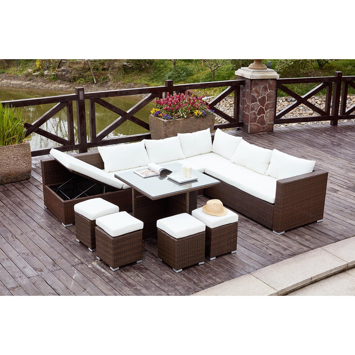 Salon de jardin encastrable 10 places en résine marron-blanc HAWAI