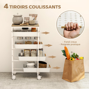 Desserte cuisine 5 niveaux 4 tiroirs coulissants métal PP blanc effet bois clair