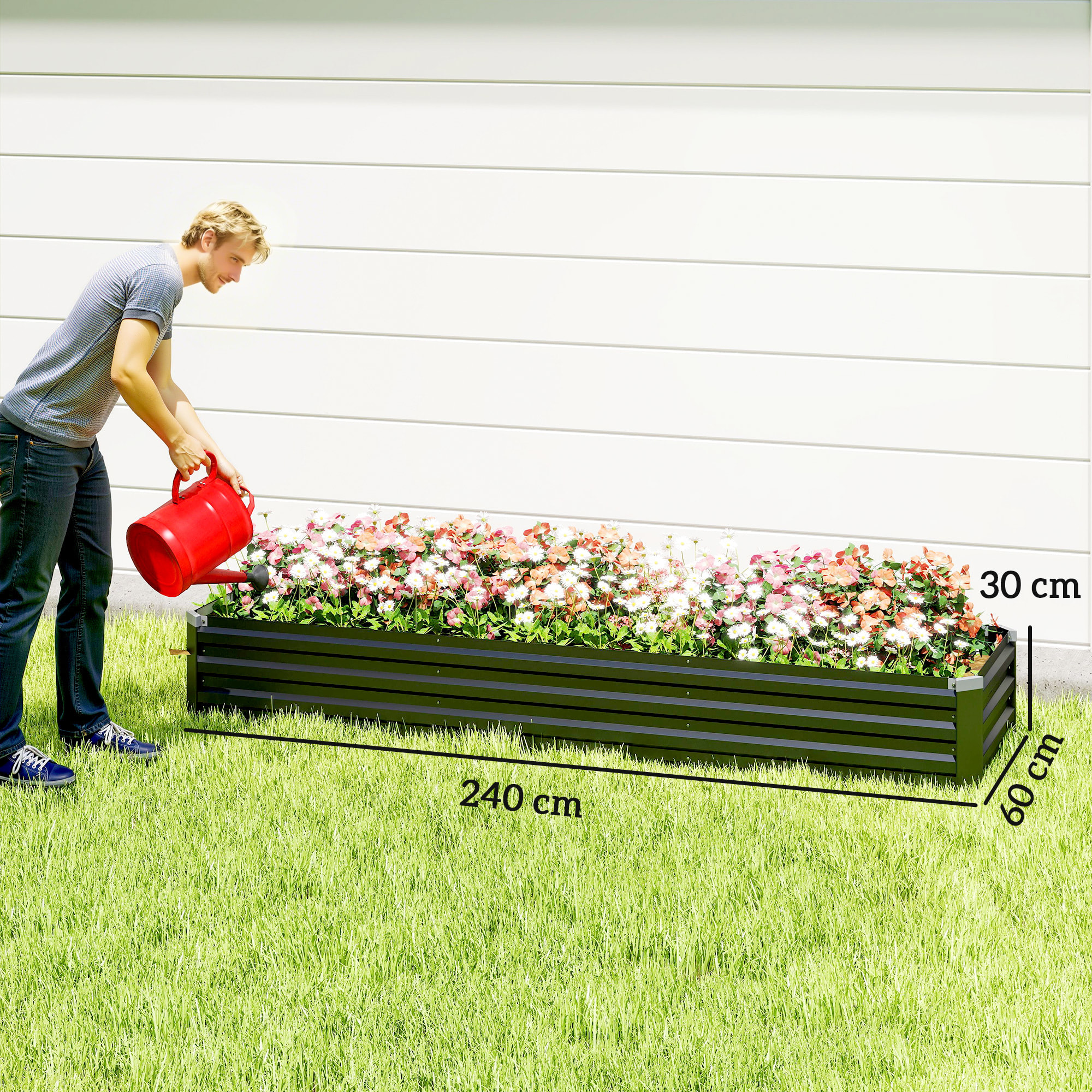 Jardinera Exterior Grande Rectangular de Acero Galvanizado, Huerto Urbano para Cultivar Plantas Hierba, Macetero Grande Exterior con Base Abierta Resistente a la Intemperie 240x60x30 cm Gris