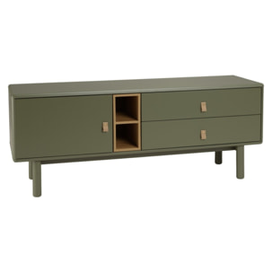 ETHAN - Meuble TV vert 1 porte, 2 tiroirs et 2 niches en bois naturel
