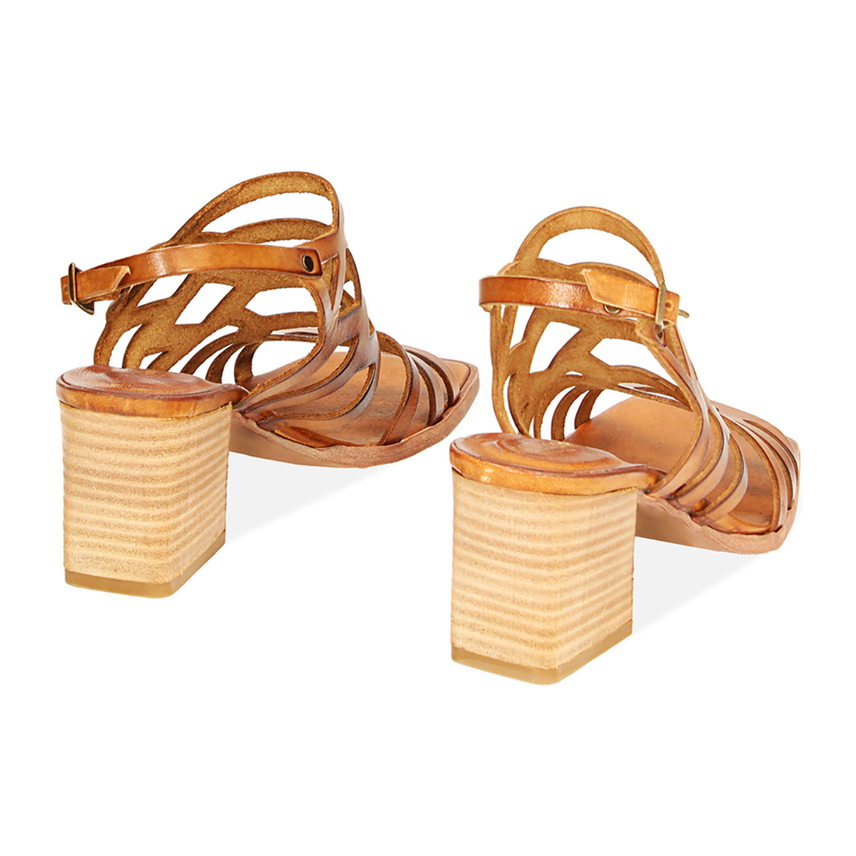 Sandalia con tacón bajo mujer cognac en cuero vacuno