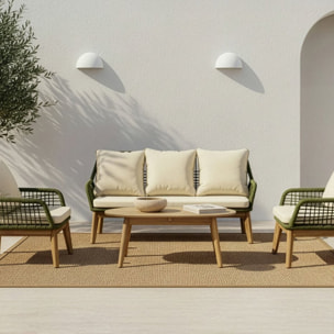 Ensemble de canapé, fauteuil et chaise de jardin Kairo -bois massif dacacia, corde et revêtement-couleur naturel 0 x 0 x 0 cm