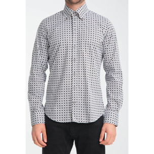 Camicia Uomo 2 Bottoni Button Down Slim Popeline Stretch Stampato Bianco/Nero