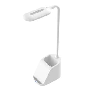 Portapenne multifunzione con caricatore wireless Qi, lampada LED orientabile e rotazione a 360°.