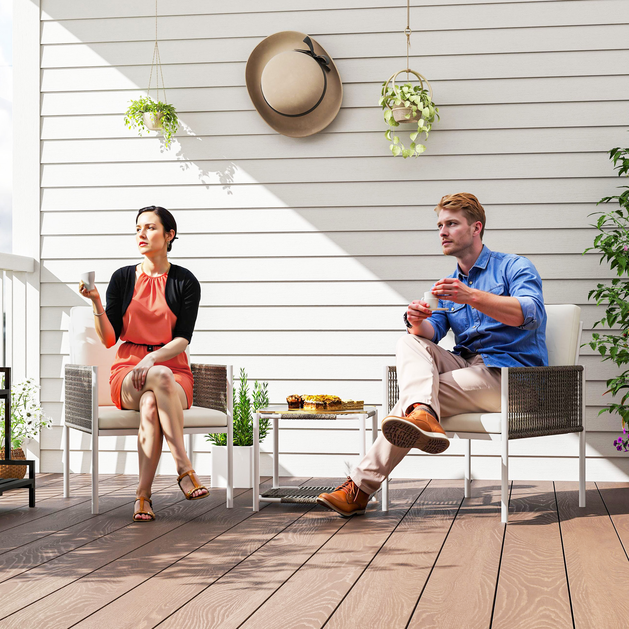 Conjunto de Jardín Exterior de 3 Piezas Juego de 2 Sillas y Mesa de Ratán con Cojines Acolchados y Encimera de Vidrio para Balcón Terraza Marrón y Crema