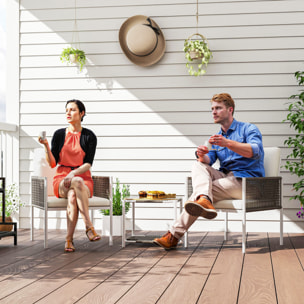 Conjunto de Jardín Exterior de 3 Piezas Juego de 2 Sillas y Mesa de Ratán con Cojines Acolchados y Encimera de Vidrio para Balcón Terraza Marrón y Crema