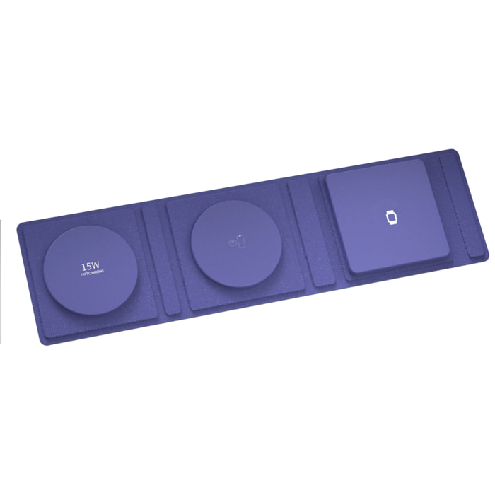 DAM Base de carga plegable portátil, de cuero. Magsafe 15W + Qi 5W + SmartWatch 3W. 31,8x8,3x0,9 Cm. Color: Morado