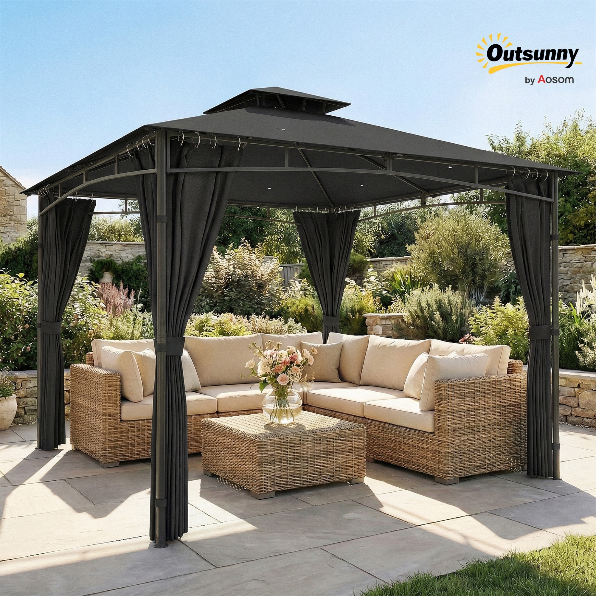 Tonnelle de jardin 3 x 3 m toit double métal polyester gris anthracite