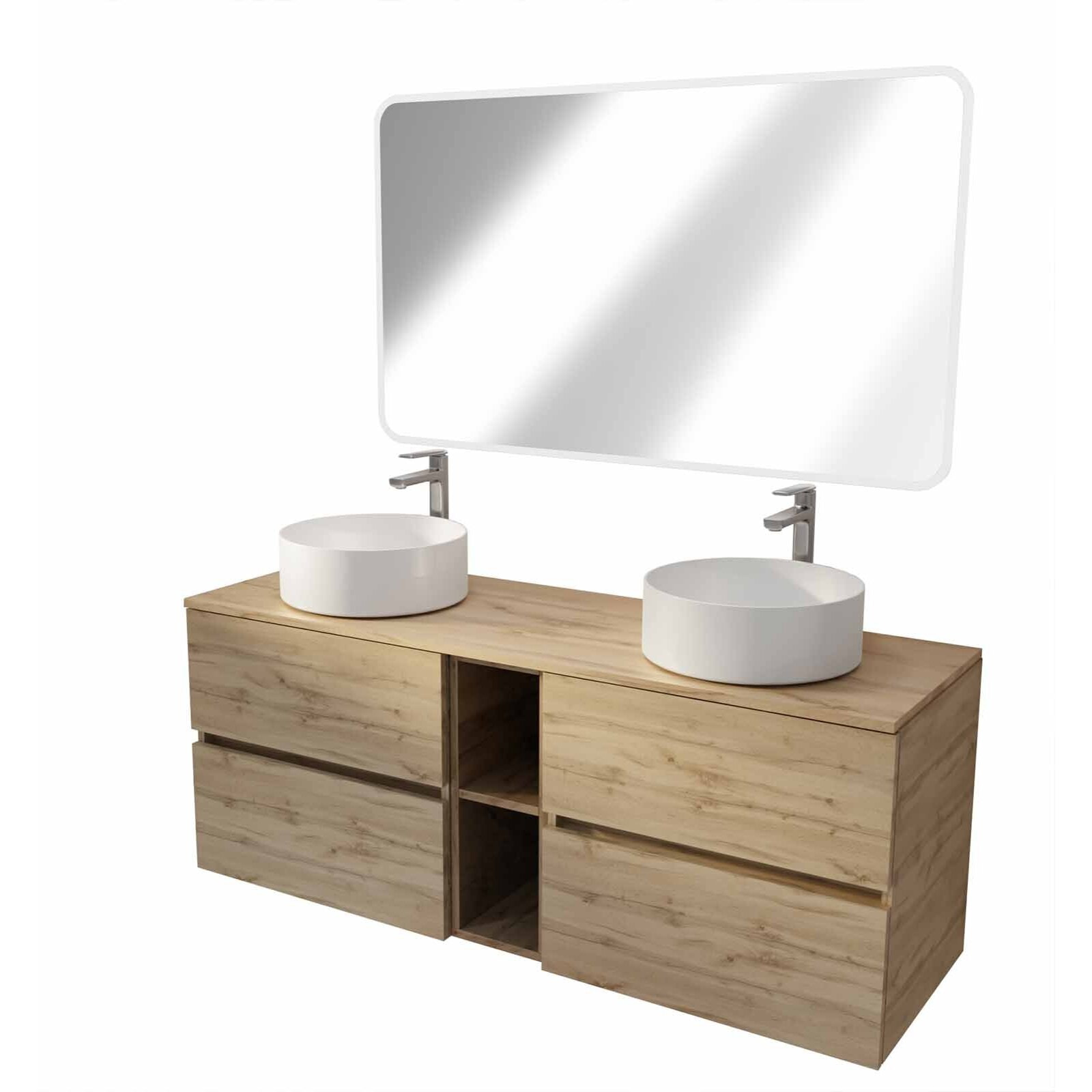 Meuble Salle de Bains 140 TIMBER Décor Chêne 4 Tiroirs et Module Vasques Blanches Miroir LED 120x70