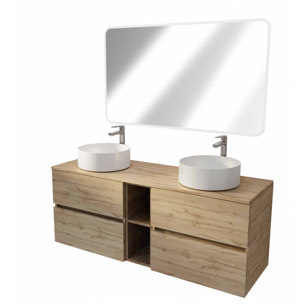 Meuble Salle de Bains 140 TIMBER Décor Chêne 4 Tiroirs et Module Vasques Blanches Miroir LED 120x70