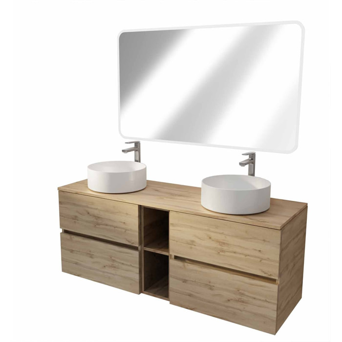 Meuble Salle de Bains 140 TIMBER Décor Chêne 4 Tiroirs et Module Vasques Blanches Miroir LED 120x70