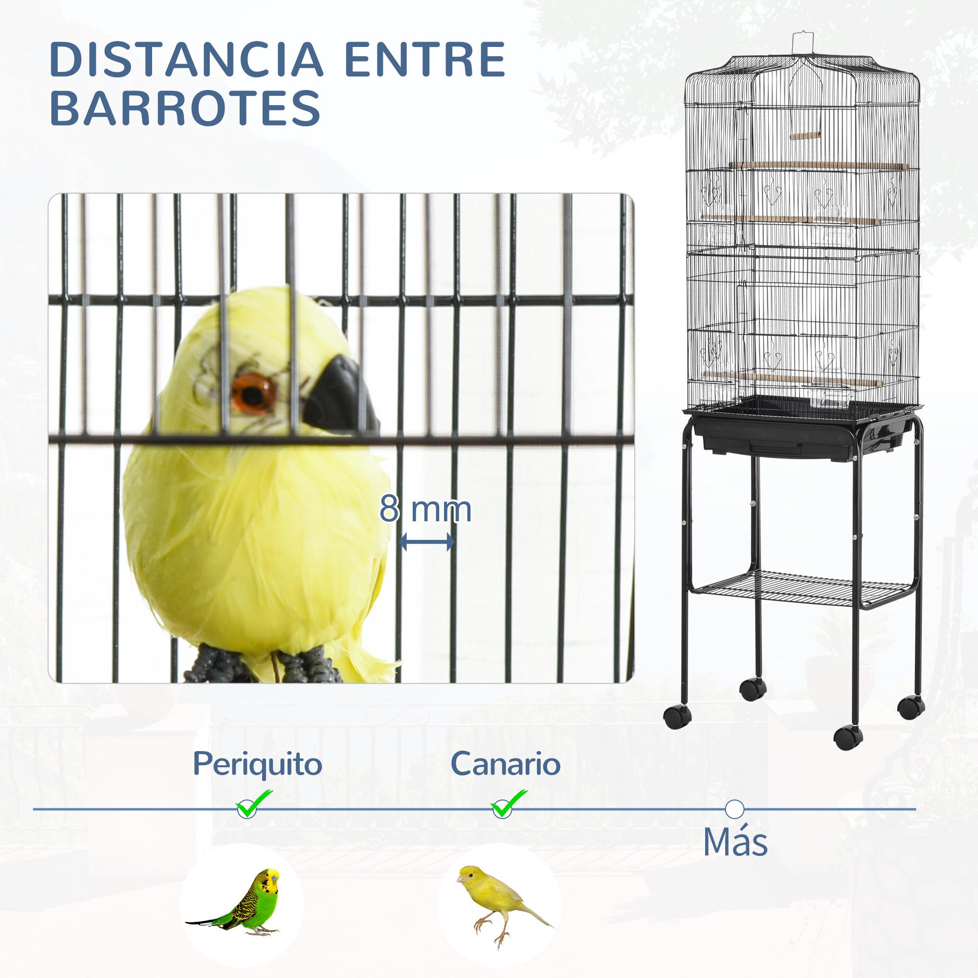 Jaula para Pájaros con Ruedas 46,5x36x157 cm Jaula Metálica de Aves con Puertas 4 Comederos 3 Perchas Bandeja Extraíble y Estante de Almacenaje para Canarios Periquitos Negro