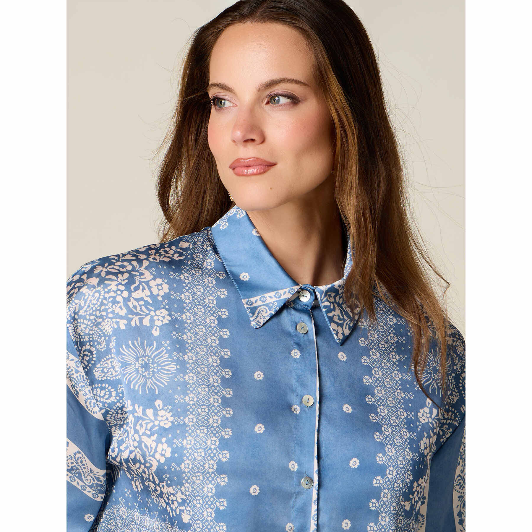 Oltre - Camicia in raso fantasia - Azzurro