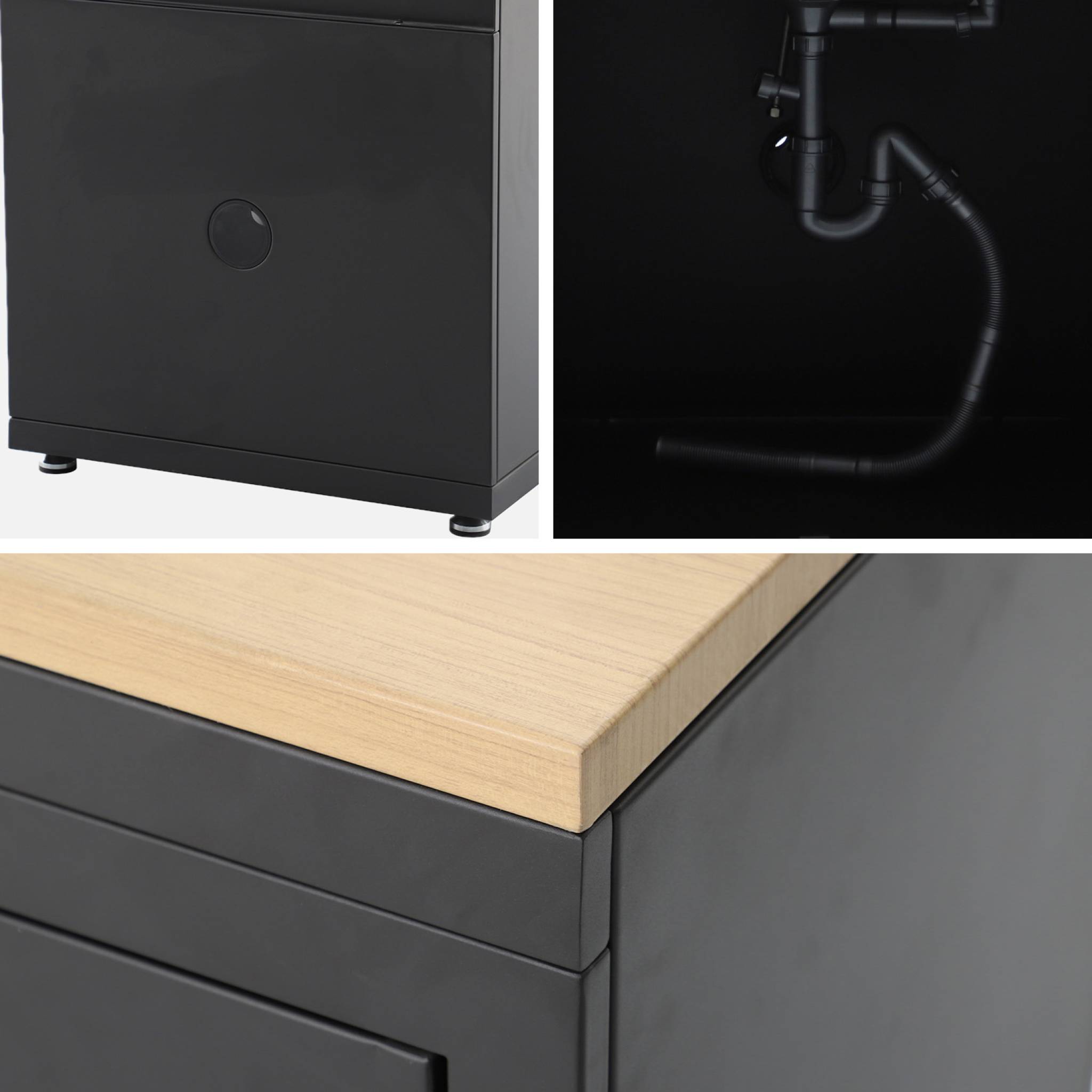 Cuisine extérieure acier et décor bois 1 évier 2 portes 1 crochet L80cm MILOS