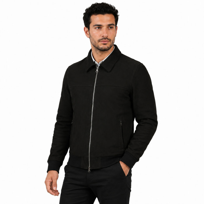 Giubbino in vera pelle di vitello scamosciata Nero-Slim Fit