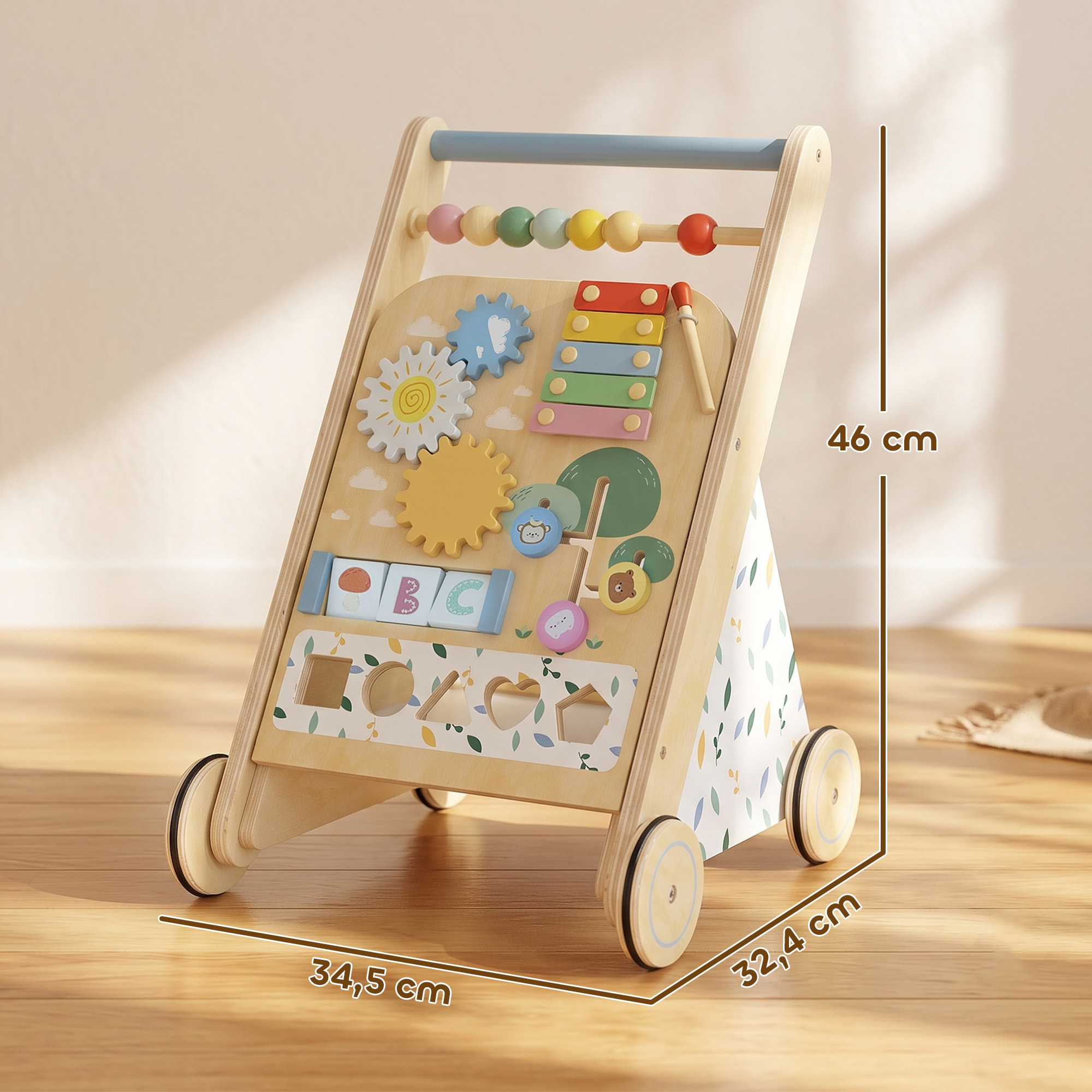 Andador Madera Bebé, Caminador Bebé con Juguetes Montessori, Centro de Actividades, Control de Velocidad, con 5 Bloques, Ruedas, Regalo para Niños de +18 Meses y Altura +75 cm Natural