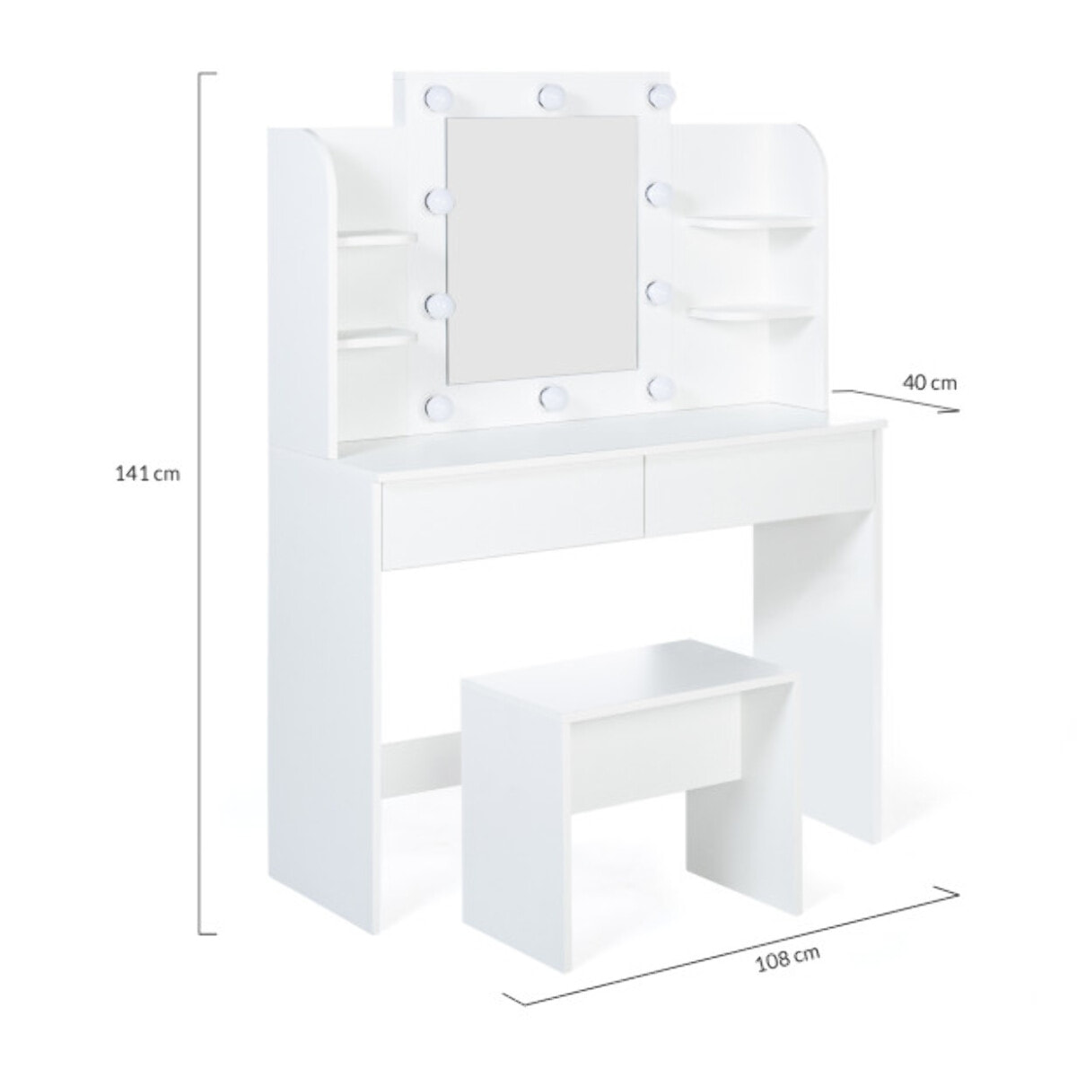 Coiffeuse Zita blanche double étagères, miroir LED et tabouret