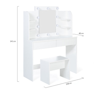Coiffeuse Zita blanche double étagères, miroir LED et tabouret