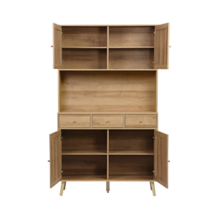 Buffet décor bois et cannage 4 portes 3 tiroirs 110 cm BOHÈME