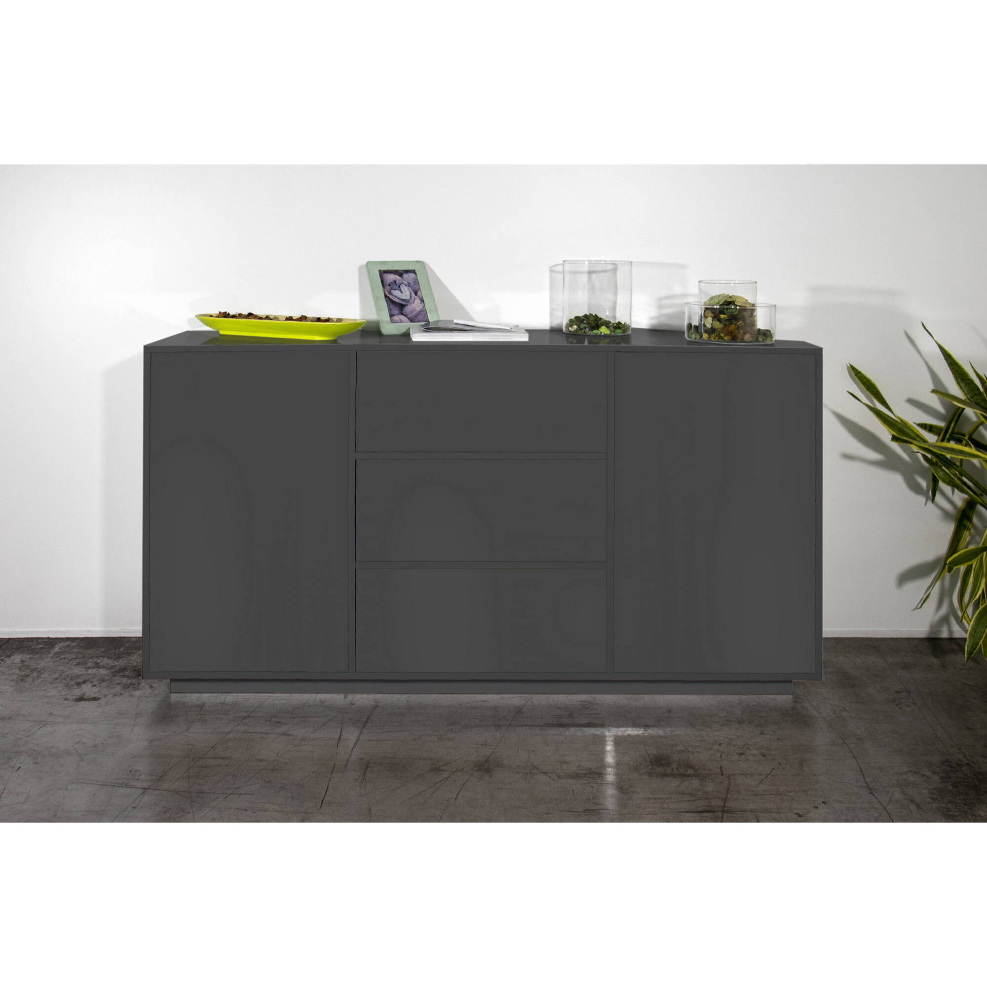 Credenza Umberto, Madia da cucina a 2 ante e 3 cassetti, Buffet da soggiorno, 100% Made in Italy, cm 160x41h86, Antracite lucido