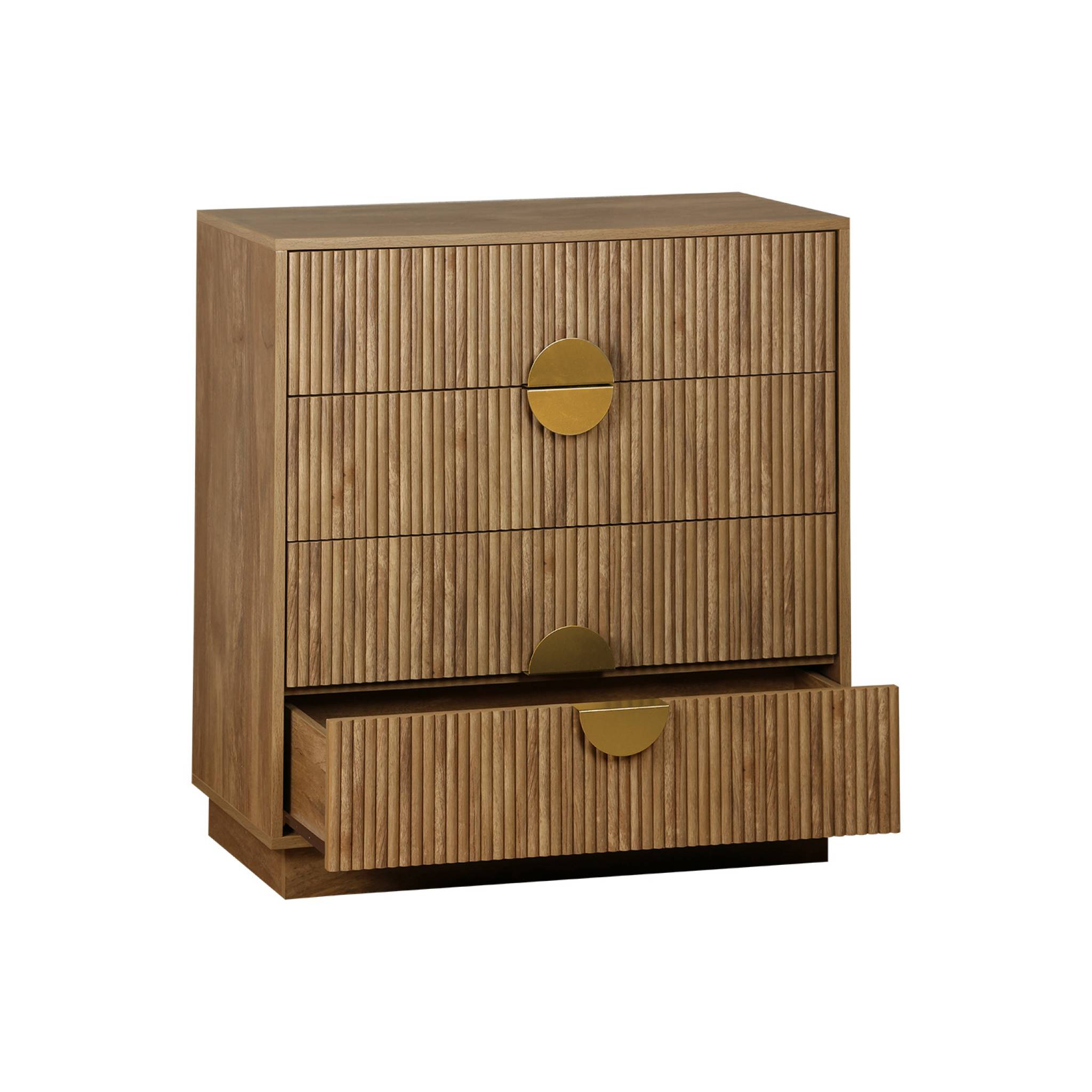 Commode 4 tiroirs effet bois de manguier rainuré. poignées en métal doré. L80 x P40 x H85cm