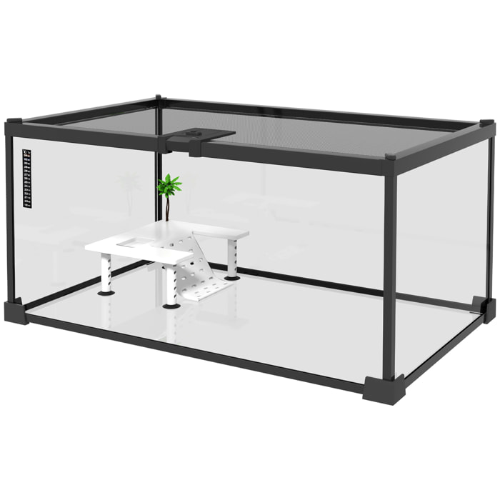 Terrarium en verre - vivarium reptiles & batraciens - habitat tortue - couvercle grillagé coulissant verrouillable - accessoires, thermomètre inclus - métal noir verre