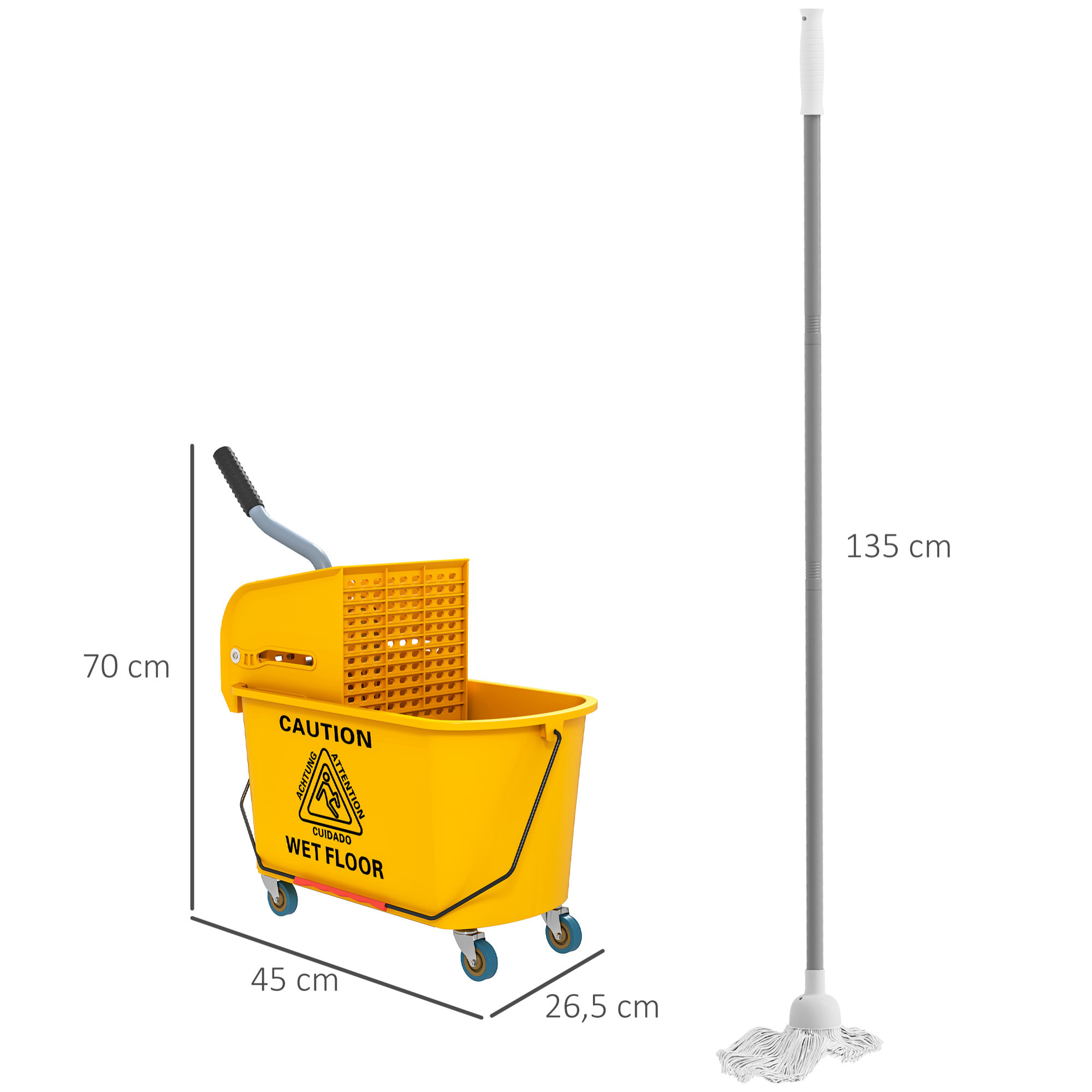 Cubo de Fregona con Ruedas Capacidad de 20 L Cubo de Fregar con Sistema de Escurridor Mopa y Asa de Transporte para Doméstico y Comercial Amarillo