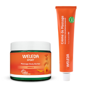 WELEDA - Baume de Massage Arnica + Crème de Massage Sport Arnica - Après l'effort - Vegan* - Certifié Natrue** - Pot en verre 150ml + Tube 70g
