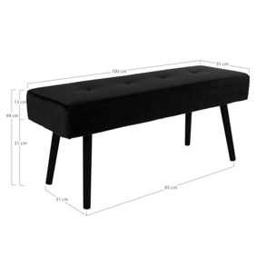Panchina Skiby in velluto nero con gambe nere, 100 cm