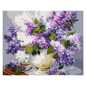 Lienzo con dibujo para pintar con números, de 40x50cm. Diseño jarrón y flores. Incluye pinceles y pinturas necesarias.