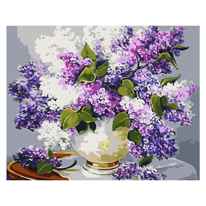 Lienzo con dibujo para pintar con números, de 40x50cm. Diseño jarrón y flores. Incluye pinceles y pinturas necesarias.