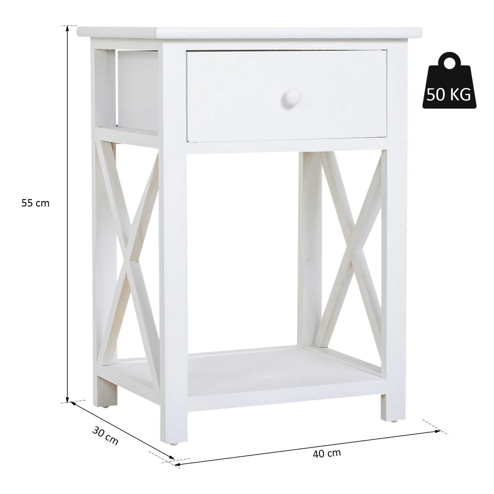 Table de chevet table de nuit style cosy avec croix latérales tiroir et étagère bois et MDF blanc