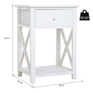Table de chevet table de nuit style cosy avec croix latérales tiroir et étagère bois et MDF blanc