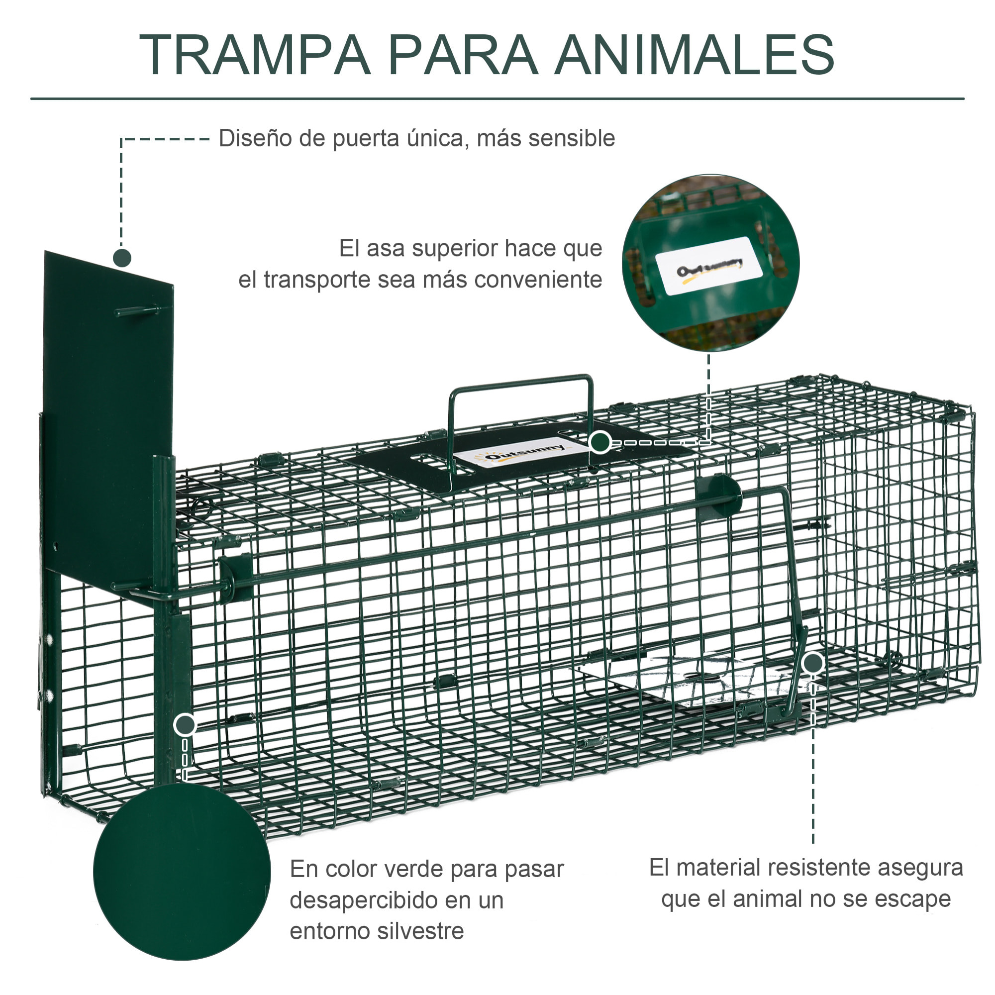 Trampa para Animales Vivos con Puerta Jaula de Captura Metálica con Asa para Conejos Visones Pequeños 60x18x20 cm Verde Oscuro
