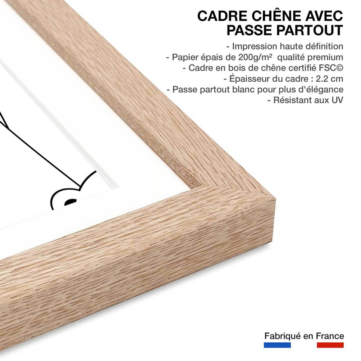 Affiche enfant ours blanc et panda noir Affiche + cadre en bois - Chêne